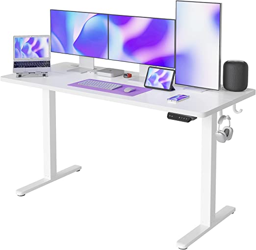 Photo 1 of FEZIBO Height Adjustable Electric Standing Desk, 63 x 24 Inches Stand Up Table, Sit Stand Home Office Desk with Splice Board, White Frame/White Top
