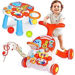 Photo 1 of 2-in-1 Baby Walker for Girls Boys, Sit to Stand Learning Walker and Activity Center Table, Educational Baby Push Walker, Musical Infant Toys for 1 Year Old Kids Birthday Gift for 6 9 12 18 24 Months
