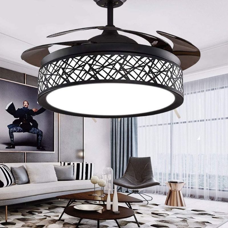 Photo 1 of 42" Black Bird-Cage Ceiling Fan Chandelier Retractable Blade Ceiling Fan with Lights and Remote Modern LED Fandelier Ceiling Fan for Bedroom Living Room,3 Lighting Color Setting 3 Fan Speed Quiet 