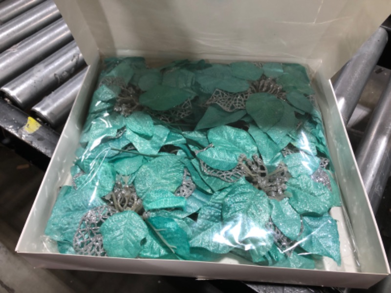 Photo 2 of 20 Set 8.7" Wide 3 Layers Christmas Teal Glitter Poinsettia Flowers Picks Christmas Tree Ornaments for Teal Christmas Tree Wreath Garland Seasonal Holiday Navidad Wedding Decorations Gift Box Included
