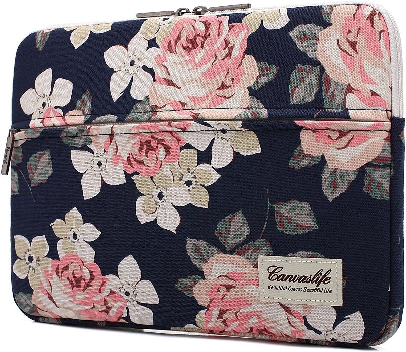 Photo 1 of Canvaslife White Rose Pattern 13 inch Canvas Laptop Sleeve with Pocket 13 inch 13.3 inch Laptop case 13.1 case 13.6sleeve
