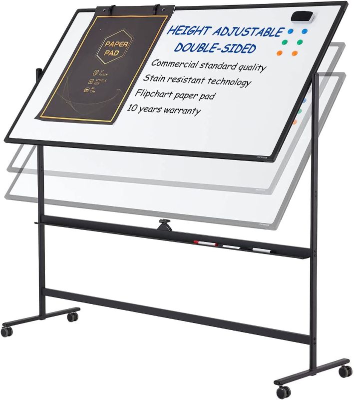 Photo 1 of Large Dry-Erase Rolling Magnetic Whiteboard - 48 x 32 Inches White Board Height Adjust Double Sides Mobile Portable Easel on Wheels, Dry Erase Board with Stand for Office, Home & Classroom
