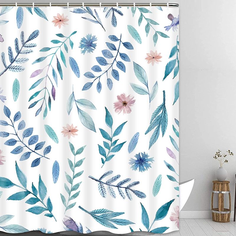 Photo 1 of Alishomtll Floral Shower Curtain, Blue Green Shower Curtain with 12 Hooks, Plant Flower Tropical Shower Curtain, Nature Leaf Shower Curtain, Waterproof Shower Curtains for Bathroom 