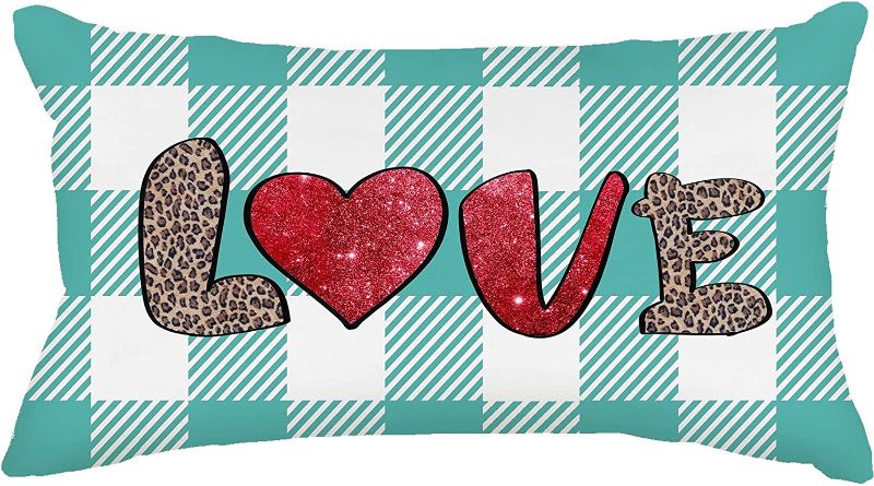 Photo 1 of 1 KINGO Love Heart Throw Pillow Cover: Teal White Buffalo Plaid Cushion Case for Sofa Couch, Valentine's Day Holiday Anniversary Wedding Decoration for Home Party 12 x 20 Inch 