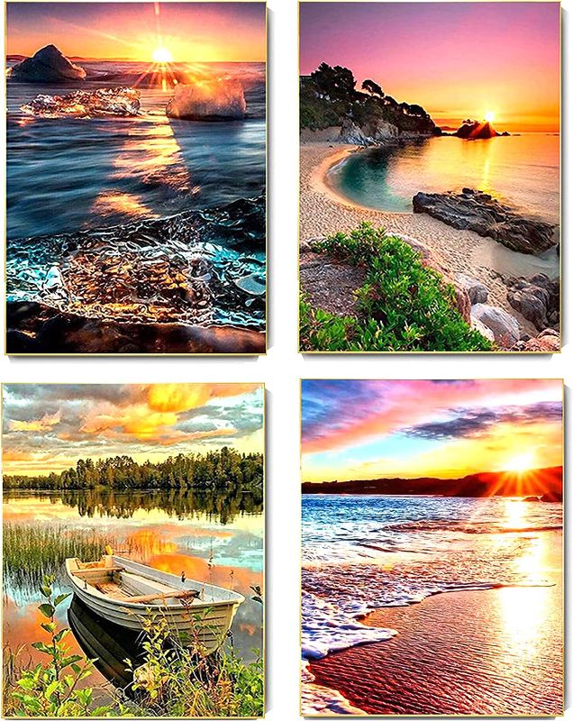 Photo 1 of 4 Pack 5D Sunset Beach Diamond Painting Kits for Adults, Diamond Art Kits for Beginner, DIY Full Drill Garden Diamond Paintings for Home Wall Decor(12x16in) 