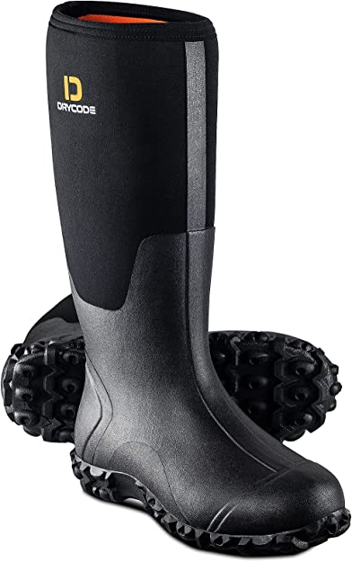Photo 1 of 10---major used----DRYCODE Rubber Boots for Men All-Season, Waterproof Insulated Rain Boots with Steel Shank, 5mm Neoprene Durable Muck Hunting Boots (Black, Brown & Camo, Size 10 