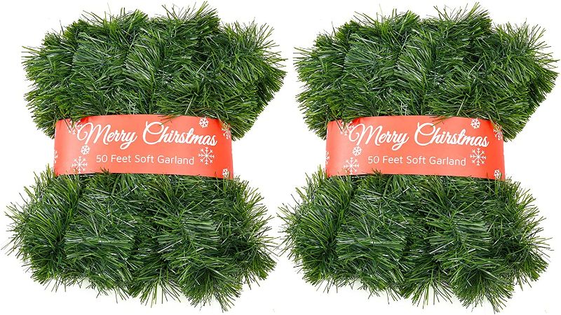 Photo 1 of 2 Pack 50 Foot Soft Christmas Garland, Non-lit Christmas Garland Ideal for Indoor and Outdoor Decor, Green Tinsel Garland for Holiday Wedding Party Decoration
