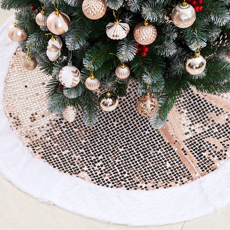 Photo 1 of 48 Inch Rose Gold Christmas Tree Skirt, Glitter Sequin Tree Skirt with Faux Fur Edge, Double Layers Round Xmas Tree Mat for Christmas Tree Decoration - Rose Gold
