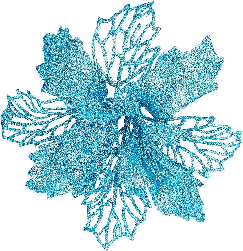 Photo 1 of 12 pcs 6” Christmas Poinsettia Flower, Glitter Poinsettia Tree Ornaments, Sky Blue Artificial Flower Decorating Wreath Garland, Great for Wedding Holiday and Home Decor, with Stems
