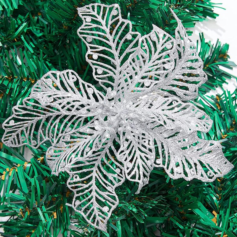 Photo 1 of 15 Pcs Silver Christmas Poinsettia Flowers, 7" Glitter Artificial Christmas Tree Flowers Ornaments with Clips, Xmas Wreath Garland Poinsettia Decorations for Winter Holiday Party - Silver