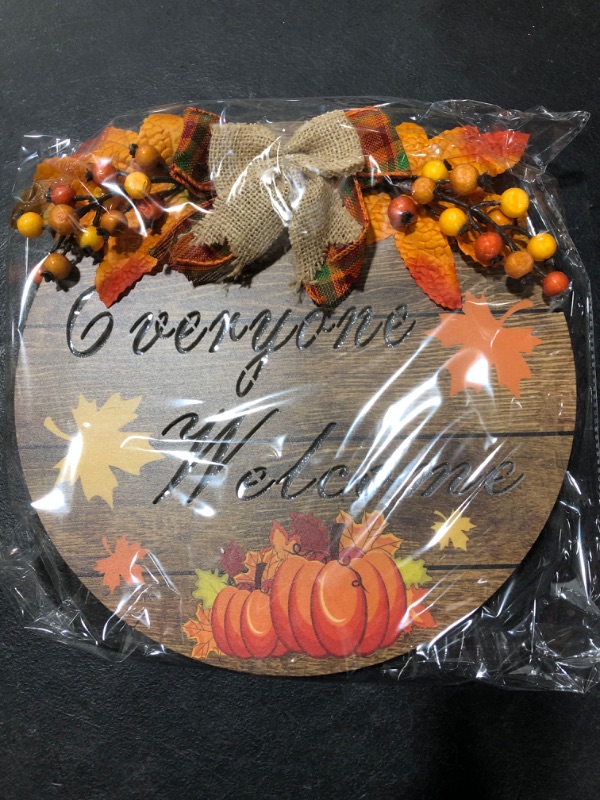 Photo 2 of [ Light Inside & Timer ] Prelit Everyone Welcome Sign Fall Thanksgiving Wreath Front Door Decoration Battery Operated Pumpkin Maple Leaf Berry Wood Hanging Sign Autumn Fall Decor Home Indoor Outdoor
