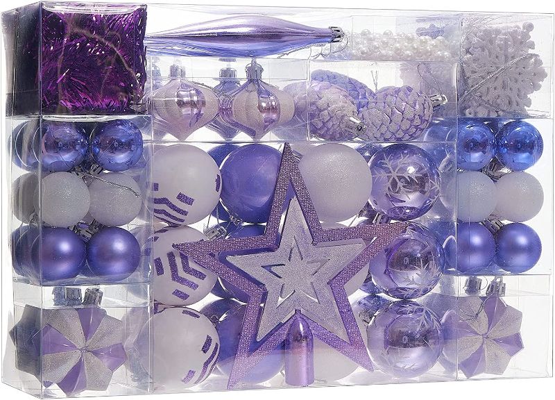 Photo 1 of 119 Pcs Christmas Ball Ornaments Set, Assorted Shatterproof Tree Ornaments with Reusable Hand-held Gift Package, Christmas Tree Decorations for Xmas Holiday Party - Lavender Purple White 