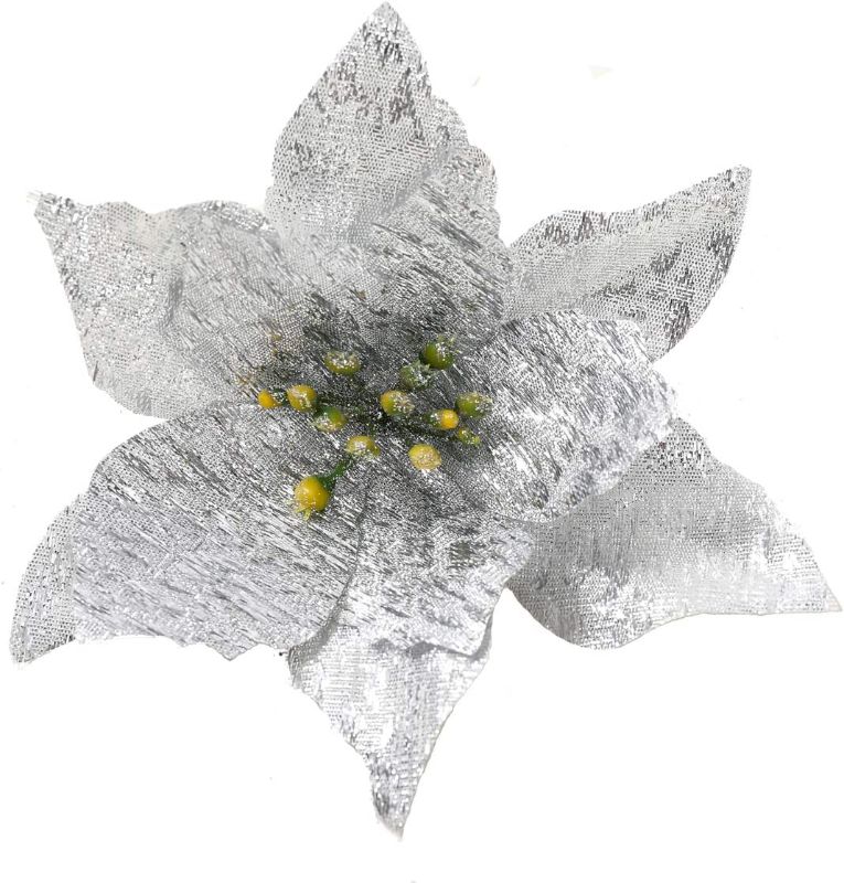 Photo 1 of 24 Pcs Silver Poinsettia Christmas Flowers, 5" Glitter Artificial Christmas Tree Flowers Ornaments, Xmas Tree Wreath Garland Poinsettia Decorations for Winter Holiday Party - Silver 