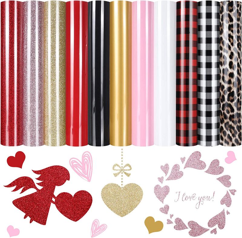 Photo 1 of 11 Sheets 12 x 10 Inches Valentine's Day Heat Transfer Vinyl Plaid Leopard Print HTV Sheets Glitter Iron-on Transfer Vinyls for T-Shirts Couple Clothes Hat Pillow Crafts Making (Classic Color Series) 