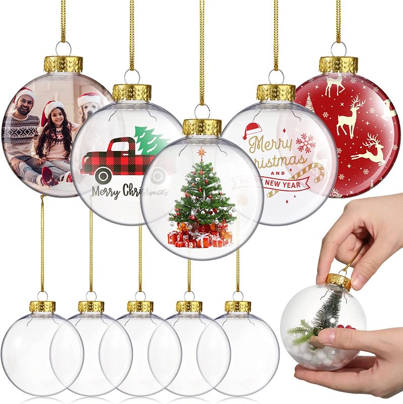 Photo 1 of 3.15 Inch Christmas Clear Plastic Fillable Ornament Balls with Lid and Rope Transparent Christmas Decoration Baubles for DIY Crafts Christmas Tree Home Decor Party Wedding, 80mm (Gold, 8 Pcs) 