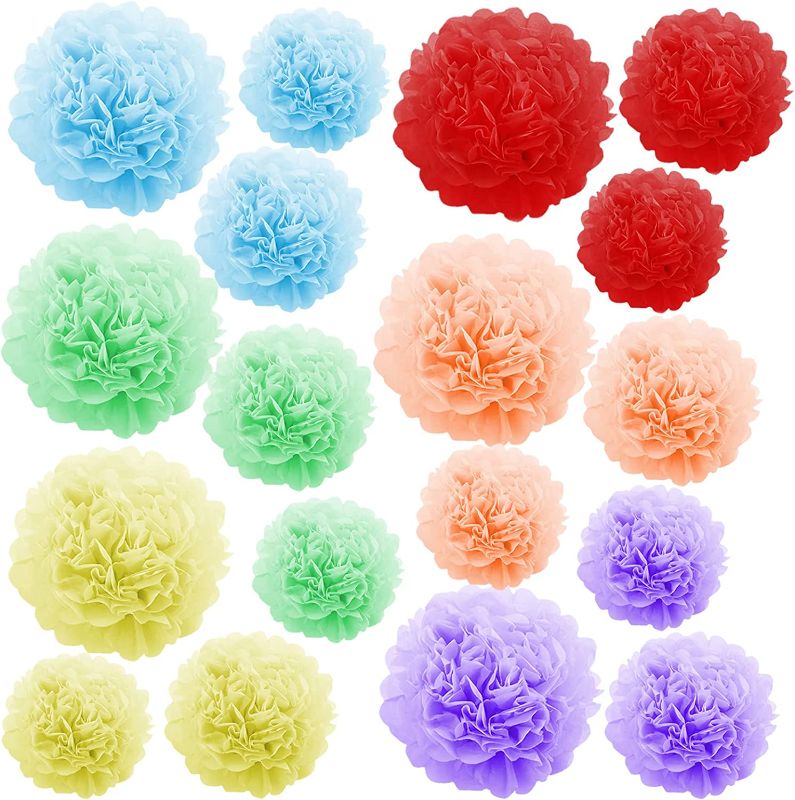 Photo 1 of 18 Pieces Paper Pom Poms, Assorted Color and Size Tissue Pom Poms, Paper Flower Balls for Birthday Wedding Baby Shower Party Decorations 