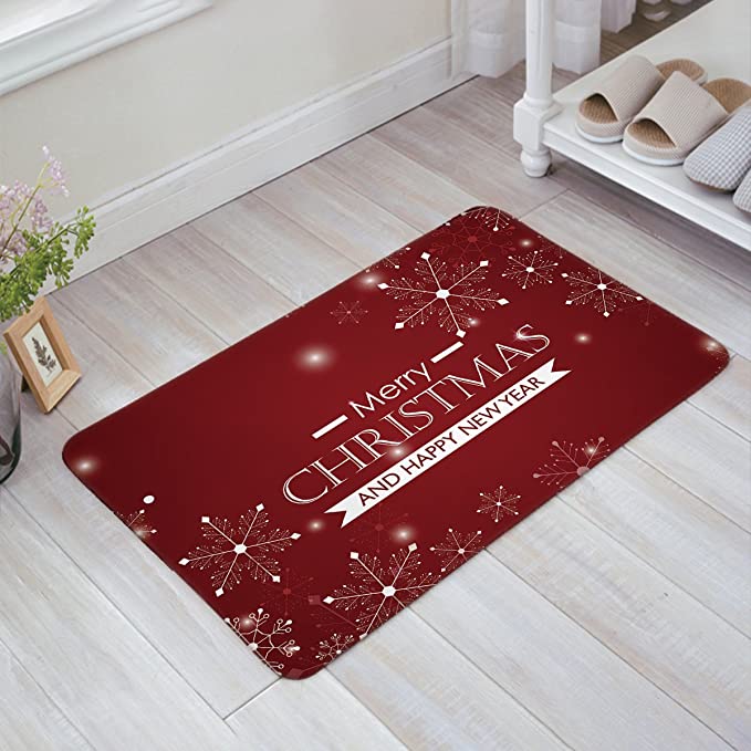 Photo 1 of  Libaoge Christmas Theme Shining White Snowflake Merry Christmas and Happy New Year Red Doormat Entrance Mat Indoor/Outdoor Door Mats Floor Mat Rug Mat 16x24in 