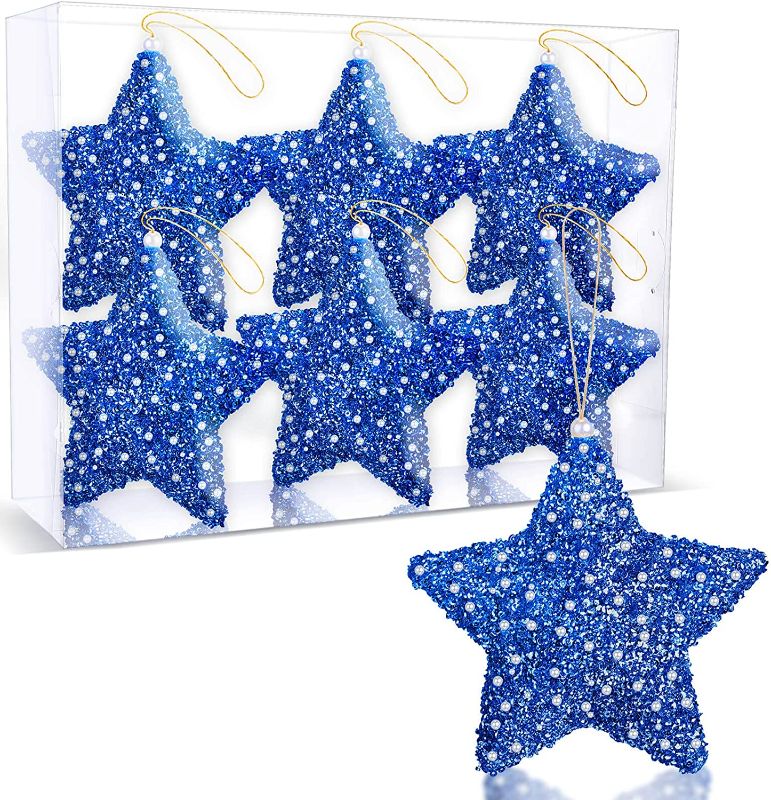 Photo 1 of 6pcs 6Inch Christmas Five-Pointed Star Ornament Glitter Star Decoration Suitable for Christmas Tree Hanging Decoration Wedding Party Festival Pentagram Ornament Gift (Blue) 