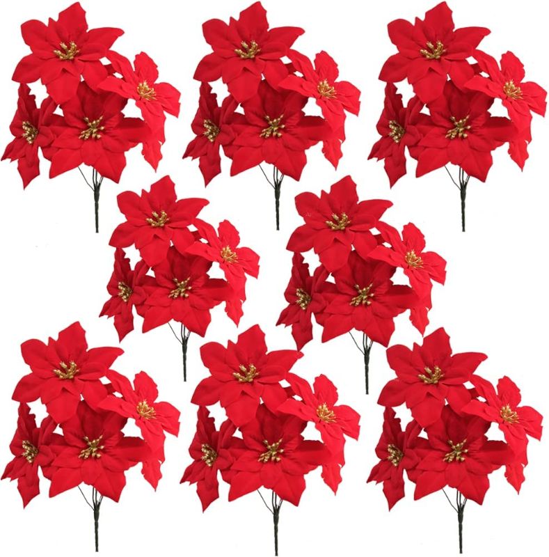 Photo 1 of WISTART 8 Pack Christmas Artificial Poinsettia Flowers Velvet Plastic Floral Bouquet Small 7 Head Silk Red Shrub Fake Flowers Arrangement for Winter Indoor Outdoor Home Porch Xmas Holiday Decor 