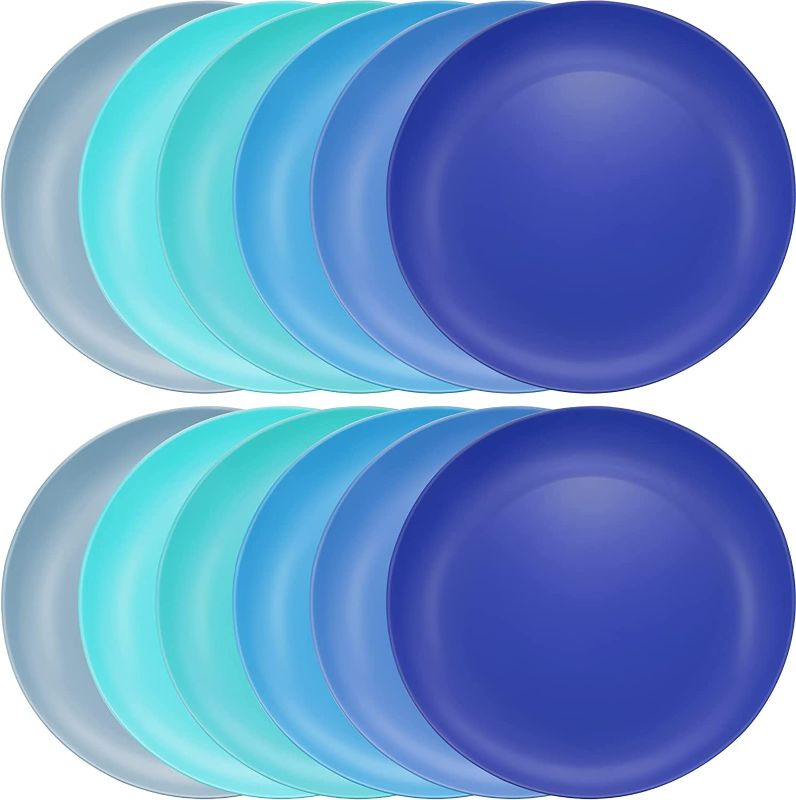 Photo 1 of 12 Pieces 10 Inch Plastic Plates Reusable Dishwasher Safe Plates Lightweight and Unbreakable Dinner Plates in Coastal Colors for Lunch Kitchen Party Outdoor Picnic Use 