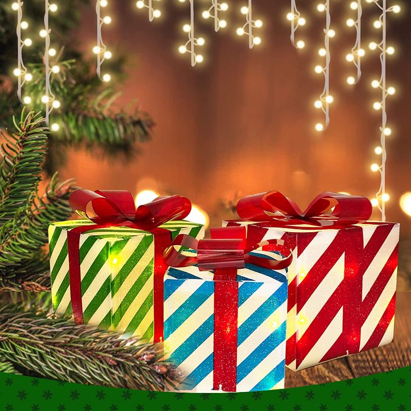 Photo 1 of  Christmas Lighted Gift Box Set of 3,Christmas Lighted Gift Boxes with LED Lights,Twill Light Up Outdoor Christmas Decorations,Christmas Decoration Yard,Christmas Decorations Porch 