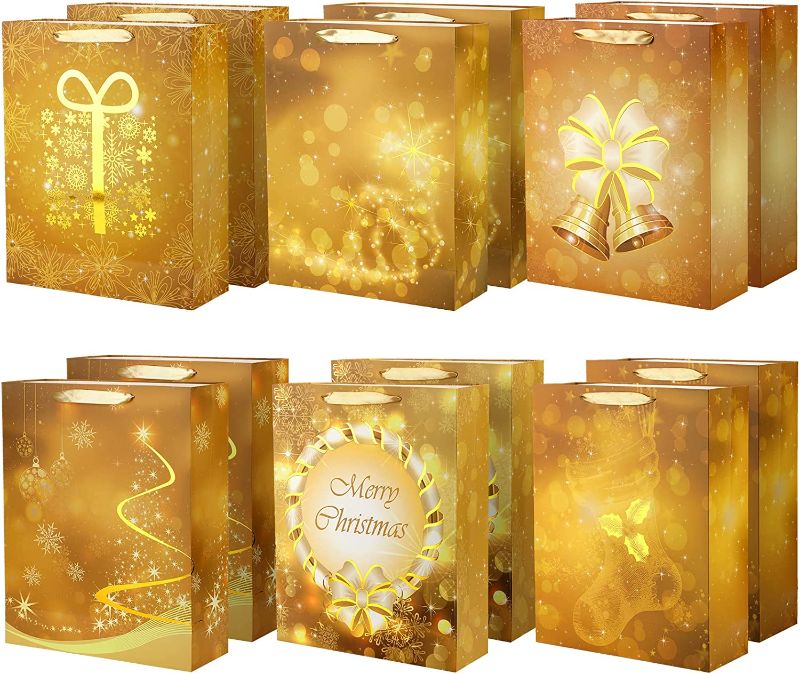 Photo 1 of 12 Pcs Christmas Large Gift Bags Bulk Gold Metallic Christmas Paper Gift Wrap Bag with Handles Assorted Christmas Gift Bags Xmas Wrapping Goody Bags Holiday Birthday Packaging, 16.5 x 13 x 4.7 Inch 