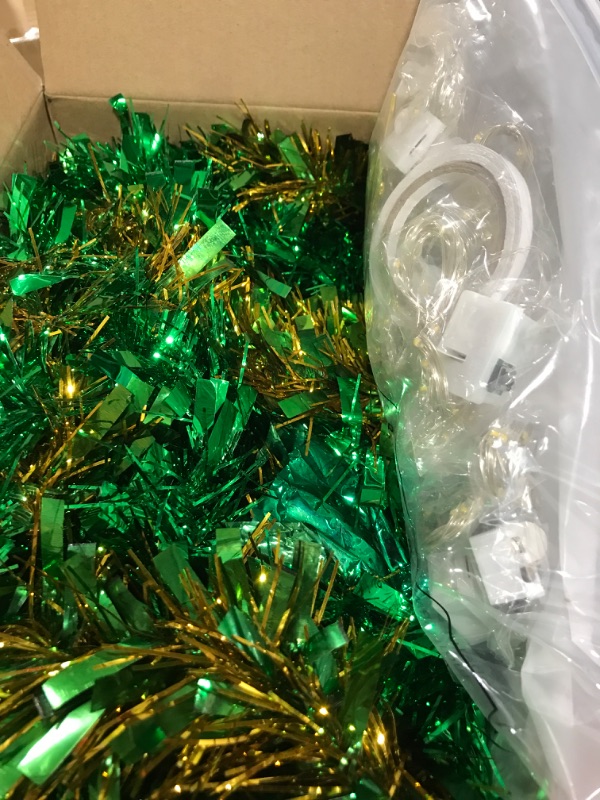 Photo 2 of 157.44 ft Christmas Green Foil Tinsel Garland Metallic Tinsel Twist Garland Green Christmas Tree Topper Decorations with 12 Pcs LED Lights and Other Accessories for Xmas Tree Outdoor Indoor Bedroom