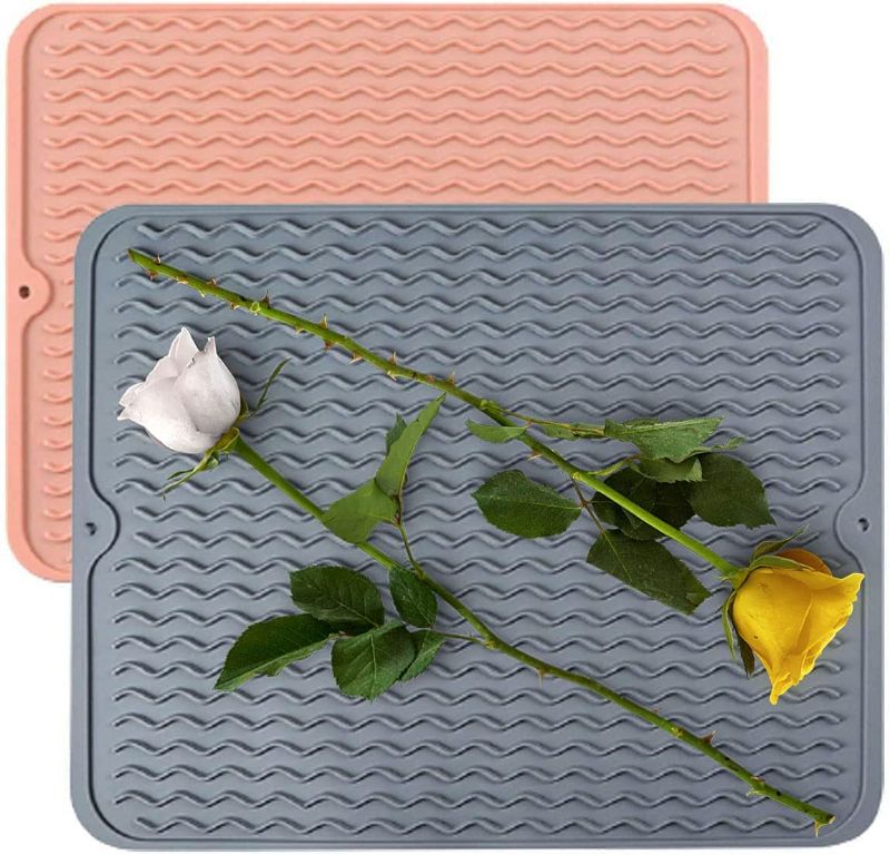 Photo 1 of [2 Pack] Silicone Dish Drying Mat, Heat-resistant Kitchen Drying Mat for Counter Silicone Drain Mat (16"x12", Pink+Grey) 