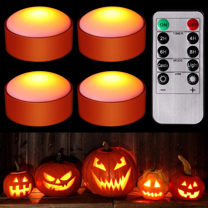 Photo 1 of 4 Pieces Halloween LED Pumpkin Lights Battery Operated Pumpkin Light with Remote Timer Pat Lights for Pumpkins Jack O Lantern LED Light Bright Flickering Flameless Candles for Halloween Decor(Orange) 