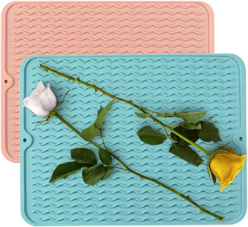 Photo 1 of [2 Pack] Silicone Dish Drying Mat, Heat-resistant Kitchen Drying Mat for Counter Silicone Drain Mat (16"x12", Pink+Blue) 