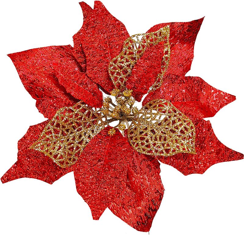 Photo 1 of 20 Set 8.7" Wide 3 Layers Christmas Red Glitter Poinsettia Flowers Picks Christmas Tree Ornaments for Red Christmas Tree Wreaths Garland Seasonal Holiday Navidad Wedding Decorations Gift Box Included 