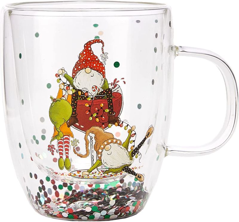 Photo 1 of Fun Elf Christmas Coffee Mug Set of 2 Mugs - Holidays 10oz Double Wall Insulated Glass Tumbler with Handle, Confetti Snowflake Glassware Tea, Milk, Beverage, Juice, Water - Holiday White Elephant Gift 