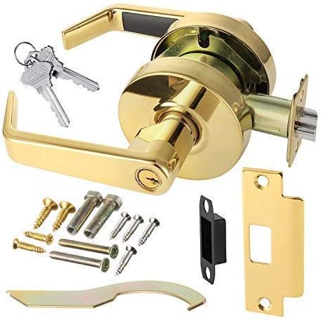 Photo 1 of Lawrence Door Handle Cylindrical Lock Storeroom Lock Function Key unlocks Exterior Polished Brass Finish LH5307L-US3 UL Certified ANSI/BHMA Grade 2 Commercial Door Lever for Heavy Duty Use
