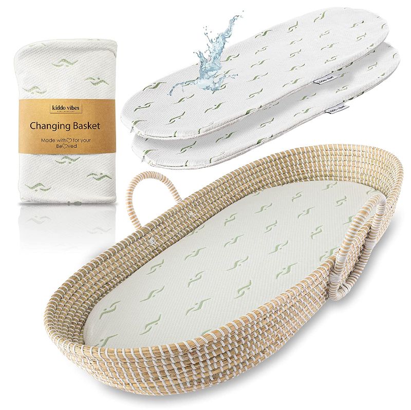 Photo 1 of Baby Changing Basket - with Thick Pad & 3 Waterproof Bamboo Jacquard Covers. Organic Seagrass Moses Basket for Babies - CPSC Compliant, Premium Changing...
