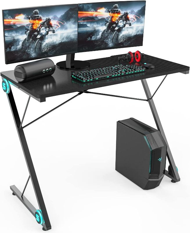 Photo 1 of Z-Shaped Computer Desk PC Gaming Table, Black Desk with LED Lights, Home Office Work Desk for Small Spaces
