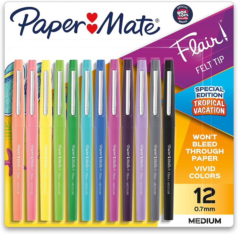 Photo 1 of Paper Mate Flair Felt Tip Pens, Medium Point, Special Edition Tropical Vacation, Pack of 12 
