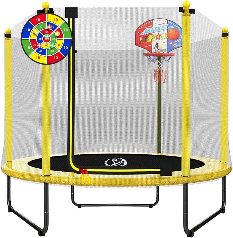 Photo 1 of 60" Trampoline for Kids - 5ft Outdoor Indoor Mini Toddler Trampoline with Net, Basketball Hoop & Dart Board, Birthday Gifts for Boys & Girls, Baby Toddler Toys
