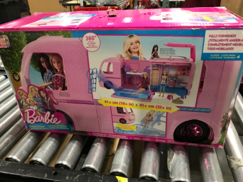 Photo 2 of Barbie Camper Playset With Barbie Accessories, Pool And Furniture, Rolling Vehicle With Campsite Transformation???