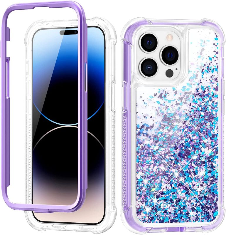 Photo 1 of iPhone 14 Pro Case- Clear Glitter with Screen Protector Bling Full Body Protective Phone Case Cover for iPhone 14 Pro -Blue Purple 