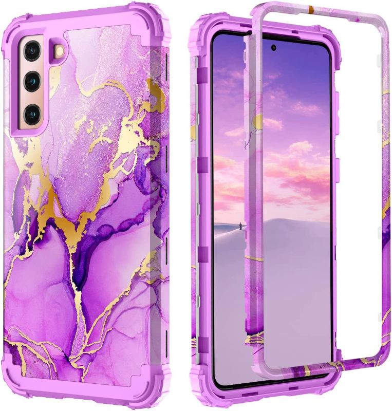 Photo 1 of Samsung Galaxy S21 Case, 3 Layer Heavy Duty Shockproof Case for Women & Girls, Silicone Anti-Scratch Protective Case– Purple Marble