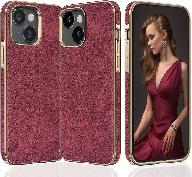 Photo 1 of  iPhone 14 Cases Women, Luxury PU Leather Hybrid Bumper Cover Elegant Girly Designer Soft Grip - Dark Red 