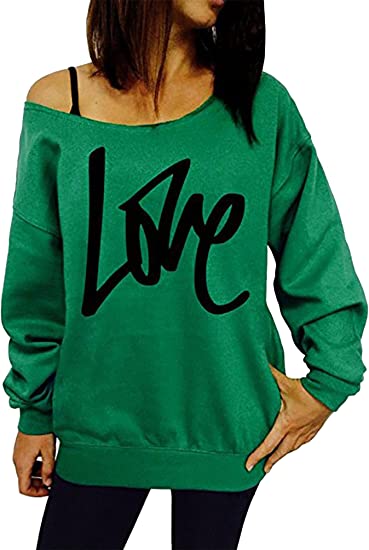 Photo 1 of [Size M] OMZIN Womens Halloween Off Shoulder Sweatshirt Casual Long Sleeve Loose Slouchy Shirt Pullover- Green