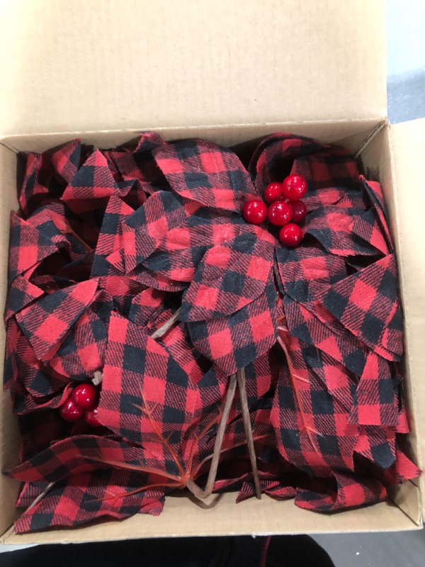 Photo 2 of 30 Pcs Poinsettias Artificial Christmas Flowers Buffalo Plaid Poinsettias Christmas Tree Ornaments Red Black Christmas Flowers Christmas Poinsettias for Rustic Christmas Tree Wreaths Garland Decor