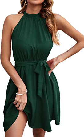 Photo 1 of [Size XXL] SYOT Women's Casual Sleeveless Crew Neck Solid Color High Waist Tie Belt Skater Midi Aline Dress 
