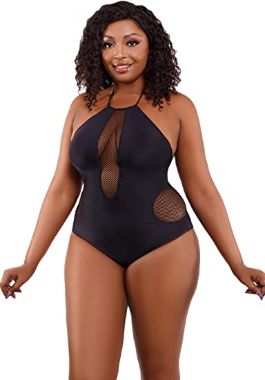 Photo 1 of [Size 2XL] Women's Plus One Piece Swimsuit Sexy Black High Neck Mesh Ruched Bathing Suits Women Monokini Swimwear 