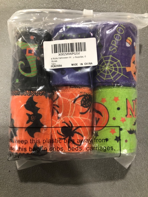 Photo 2 of 6 Rolls Halloween Wired Edge Ribbon for Wreaths 2.5 Inch x 30 Yards Bat Spider Web Pumpkin Print Grosgrain Ribbon Ghost Witch Hat and Leg Ribbon Halloween Party Decorative Ribbon Supplies, 6 Styles