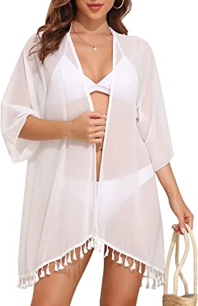 Photo 1 of [Size L] Cysincos Womens Kimono Cardigan Casual Lightweight Beach Coverups Open Front Draped Tassel 3/4 Sleeve Blouse Cover Ups