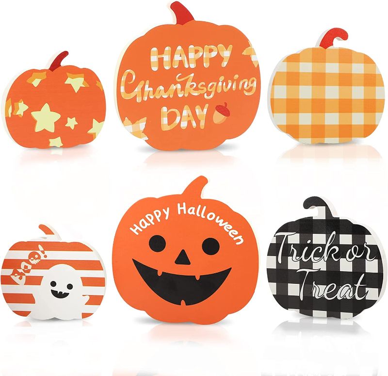 Photo 1 of 3 Pieces Pumpkin Wood Sign Double-sided Printing Reversible for Halloween Thanksgiving Decoratation