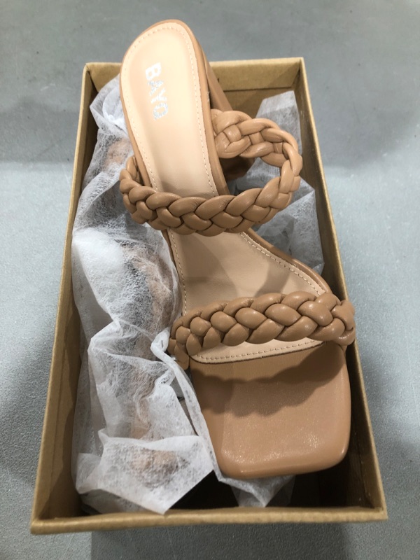 Photo 2 of [Size 9] Braided Heeled Sandals for Women - Square Toe Chunky Block Heels Womens Strappy Sandals Slip on Mules Slide Shoes -Tan