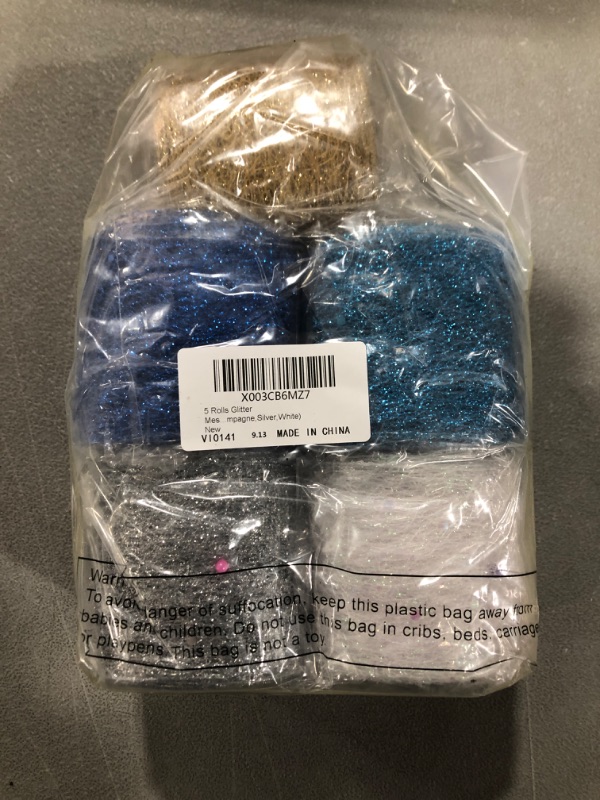 Photo 2 of 5 Rolls Christmas Glitter Metallic Foil Ribbon 2.5'' x 10 Yards Wire Mesh Ribbon for Wreath Bow Gift Wrapping Decor (Dark Blue, Lake Blue, Champagne, Silver, White)